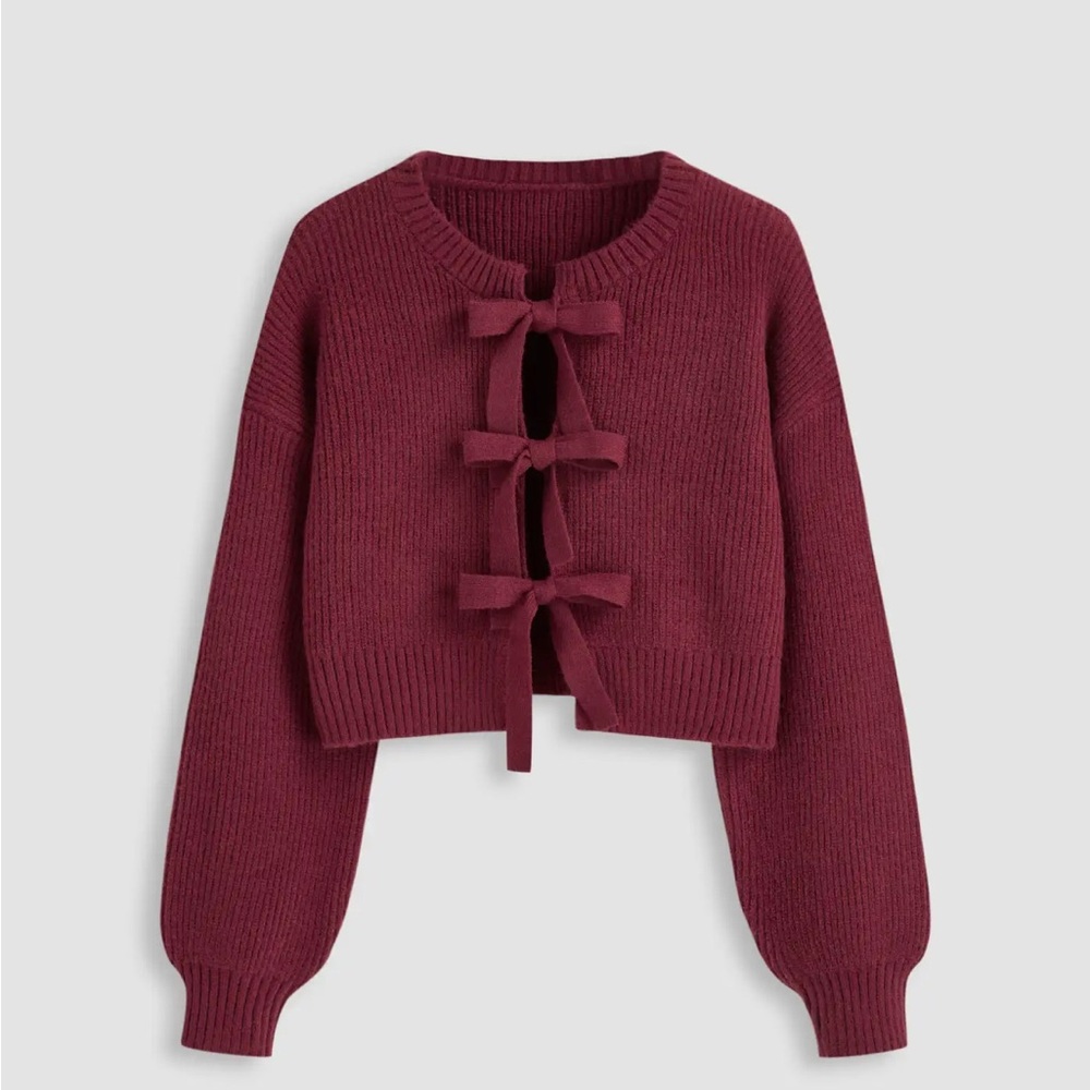 Burgundy Tie Front Bow Cardigan Small